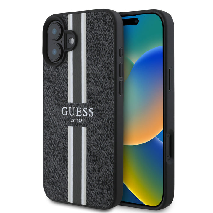 Guess iPhone 16 Backcover hoesje - MagSafe - 4G Printed Stripes - Zwart-Hoesjes-Ilumina Benelux