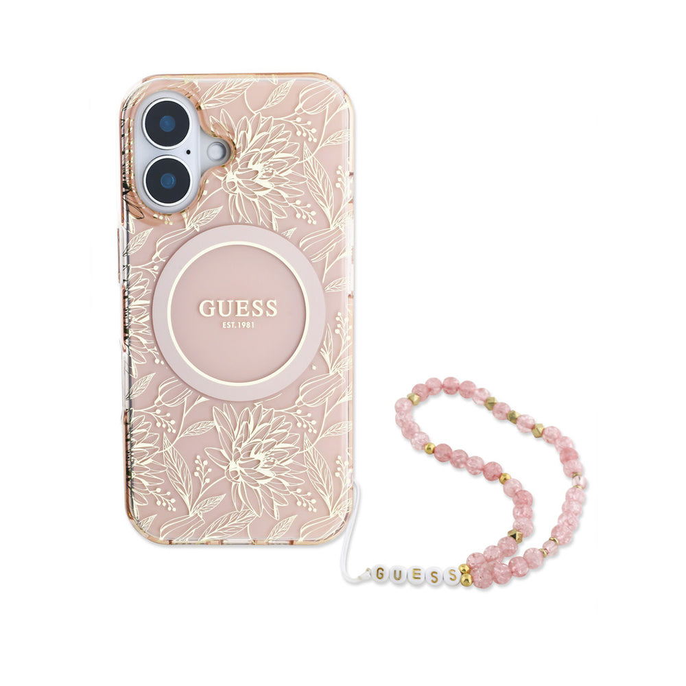 Guess iPhone 16 Backcover hoesje - MagSafe IML - Pearl Strap & Electroplated Flower Design - Roze-Hoesjes-Ilumina Benelux
