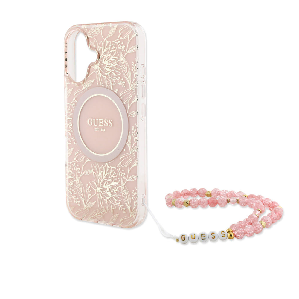 Guess iPhone 16 Backcover hoesje - MagSafe IML - Pearl Strap & Electroplated Flower Design - Roze-Hoesjes-Ilumina Benelux