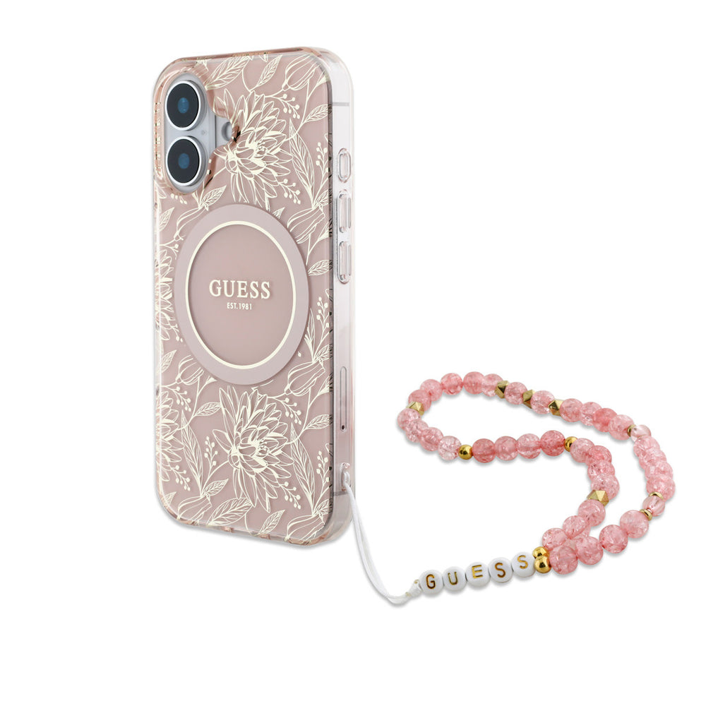 Guess iPhone 16 Backcover hoesje - MagSafe IML - Pearl Strap & Electroplated Flower Design - Roze-Hoesjes-Ilumina Benelux
