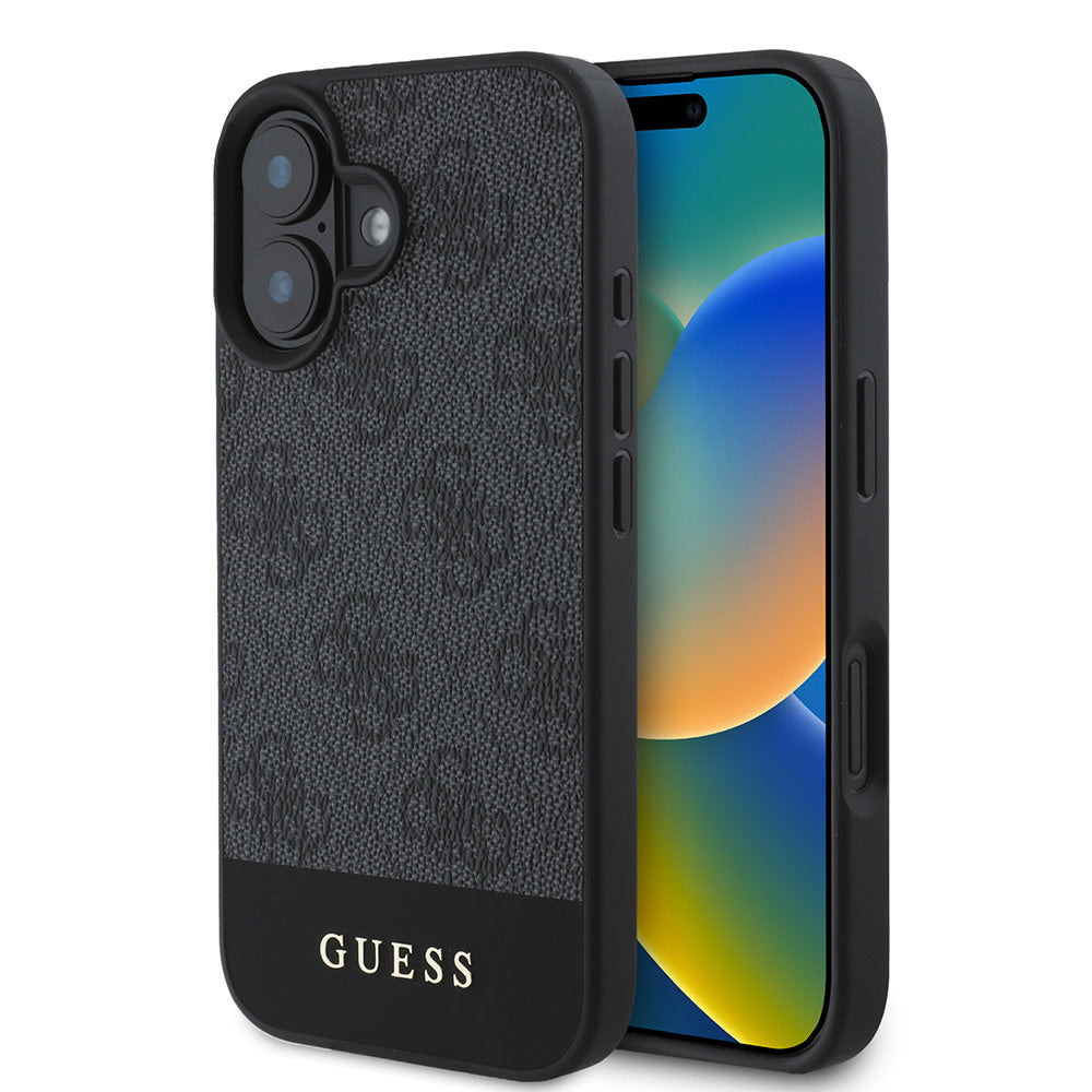 Guess iPhone 16 Backcover hoesje - Magsafe - 4G PU Leather - Bottom Stripe - Grijs-Hoesjes-Ilumina Benelux