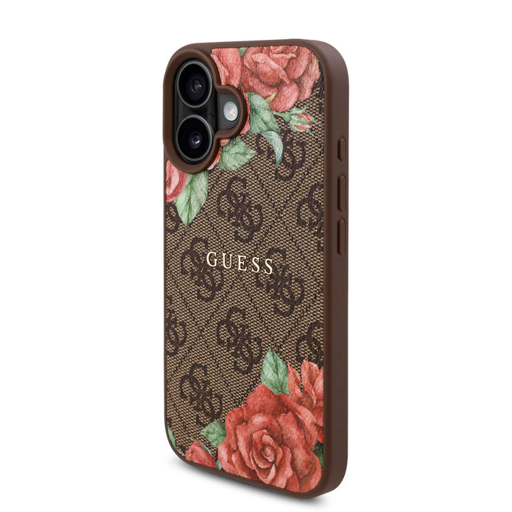 Guess iPhone 16 Backcover hoesje - Magsafe - Flower Print - Bruin-Hoesjes-Ilumina Benelux