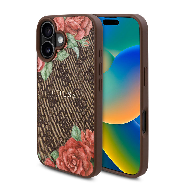 Guess iPhone 16 Backcover hoesje - Magsafe - Flower Print - Bruin-Hoesjes-Ilumina Benelux