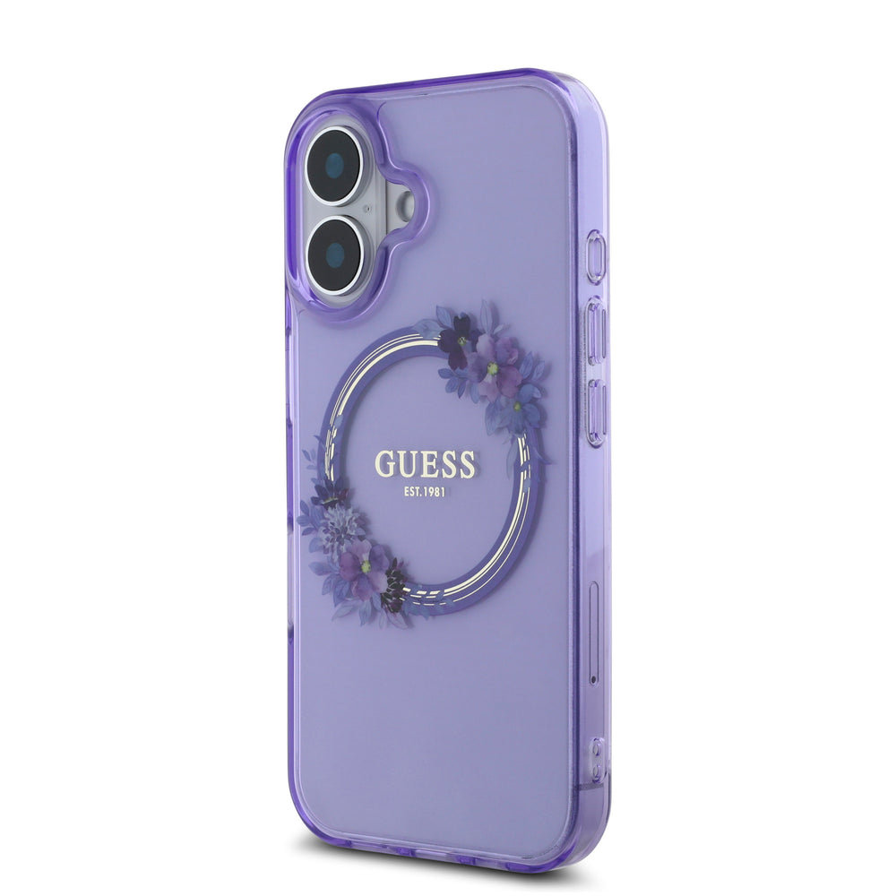Guess iPhone 16 Backcover hoesje Magsafe IML Flowers - Paars-Hoesjes-Ilumina Benelux