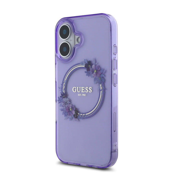 Guess iPhone 16 Backcover hoesje Magsafe IML Flowers - Paars-Hoesjes-Ilumina Benelux