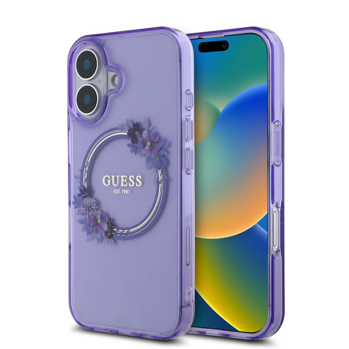 Guess iPhone 16 Backcover hoesje Magsafe IML Flowers - Paars-Hoesjes-Ilumina Benelux