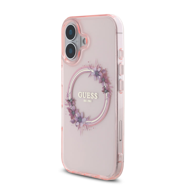 Guess iPhone 16 Backcover hoesje Magsafe IML Flowers - Roze-Hoesjes-Ilumina Benelux