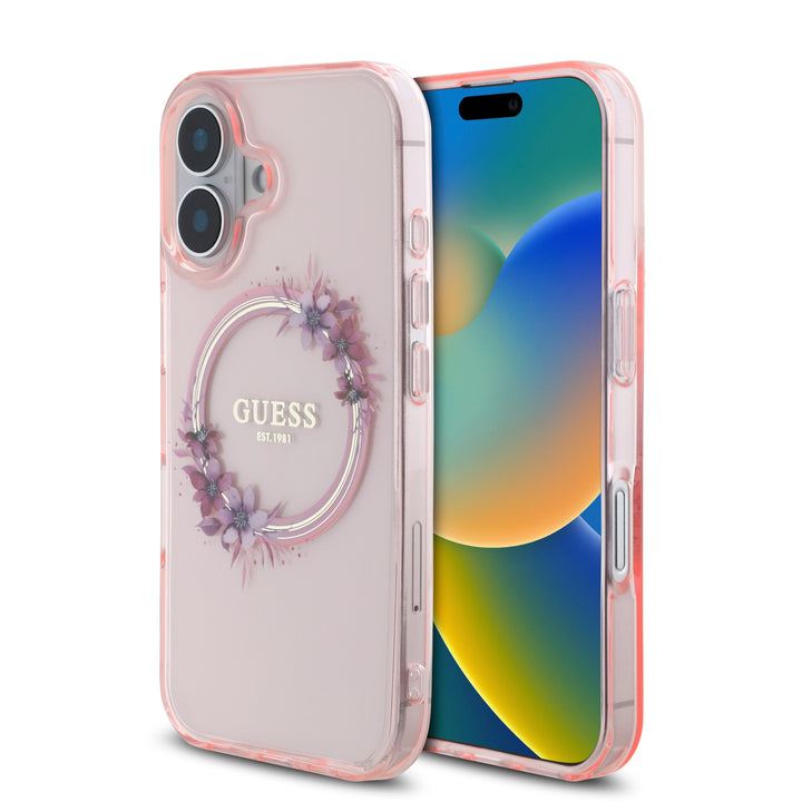 Guess iPhone 16 Backcover hoesje Magsafe IML Flowers - Roze-Hoesjes-Ilumina Benelux