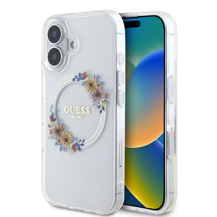 Guess iPhone 16 Backcover hoesje Magsafe IML Flowers - Transparant-Hoesjes-Ilumina Benelux