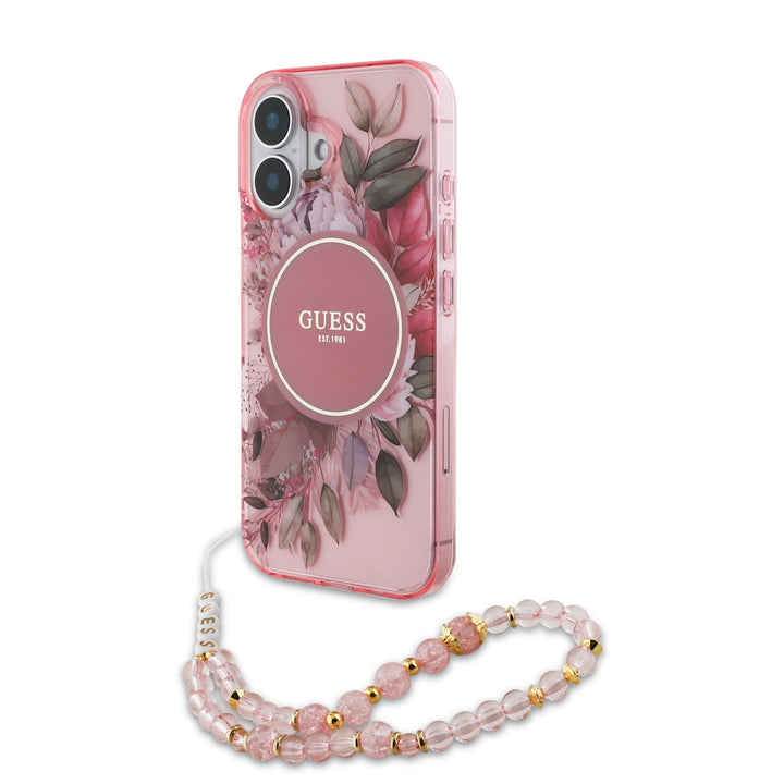 Guess iPhone 16 Backcover hoesje Magsafe IML Flowers with pearl strap - Roze-Hoesjes-Ilumina Benelux