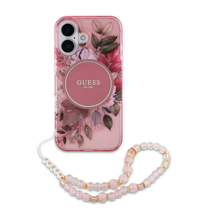 Guess iPhone 16 Backcover hoesje Magsafe IML Flowers with pearl strap - Roze-Hoesjes-Ilumina Benelux