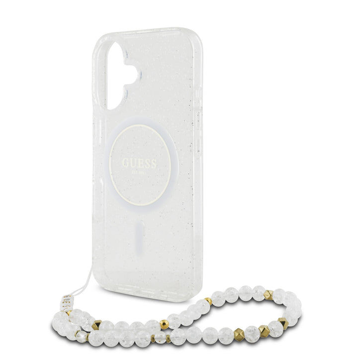 Guess iPhone 16 Backcover hoesje Magsafe IML Flowers with pearl strap - Transparant-Hoesjes-Ilumina Benelux
