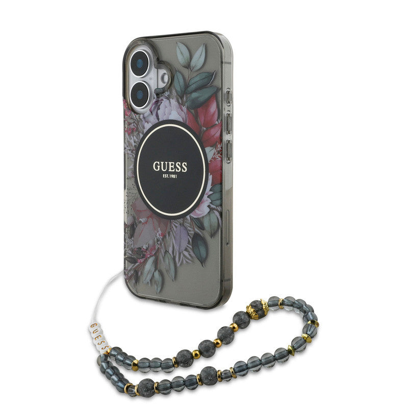Guess iPhone 16 Backcover hoesje - Magsafe IML Flowers with pearl strap - Zwart-Hoesjes-Ilumina Benelux