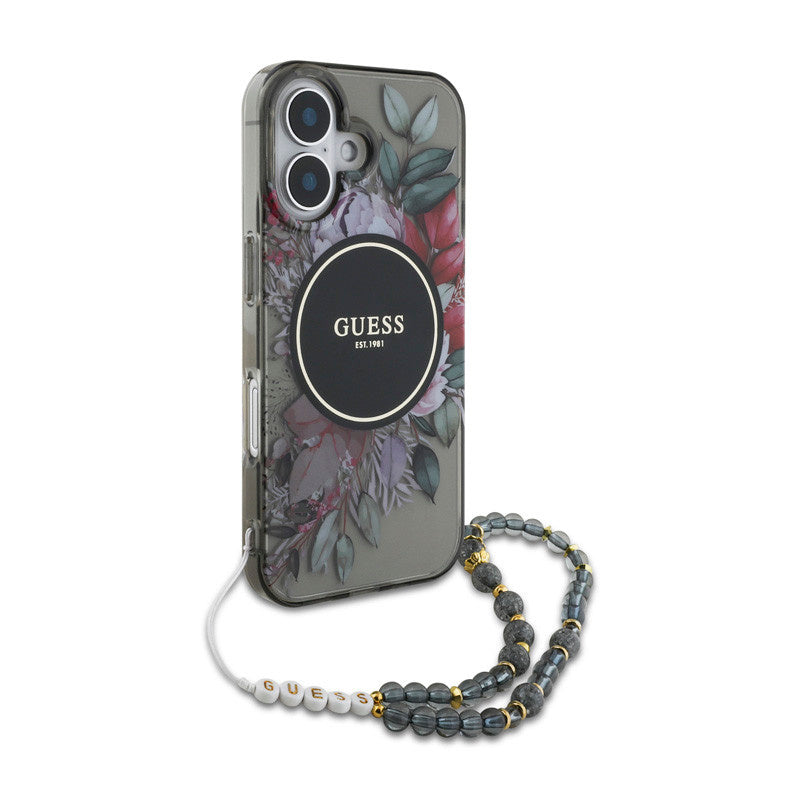 Guess iPhone 16 Backcover hoesje - Magsafe IML Flowers with pearl strap - Zwart-Hoesjes-Ilumina Benelux