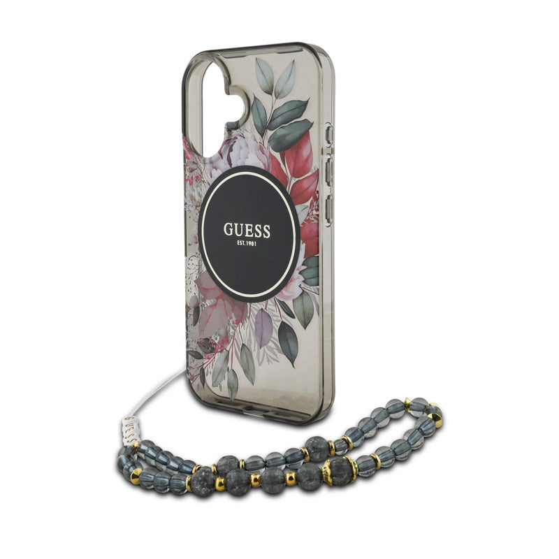 Guess iPhone 16 Backcover hoesje - Magsafe IML Flowers with pearl strap - Zwart-Hoesjes-Ilumina Benelux
