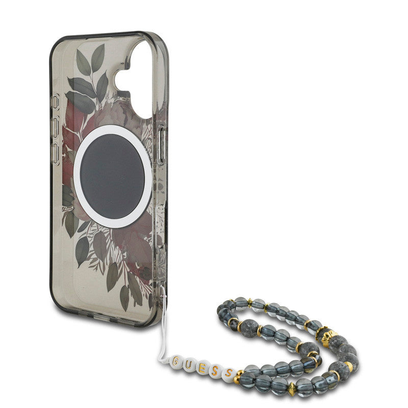 Guess iPhone 16 Backcover hoesje - Magsafe IML Flowers with pearl strap - Zwart-Hoesjes-Ilumina Benelux