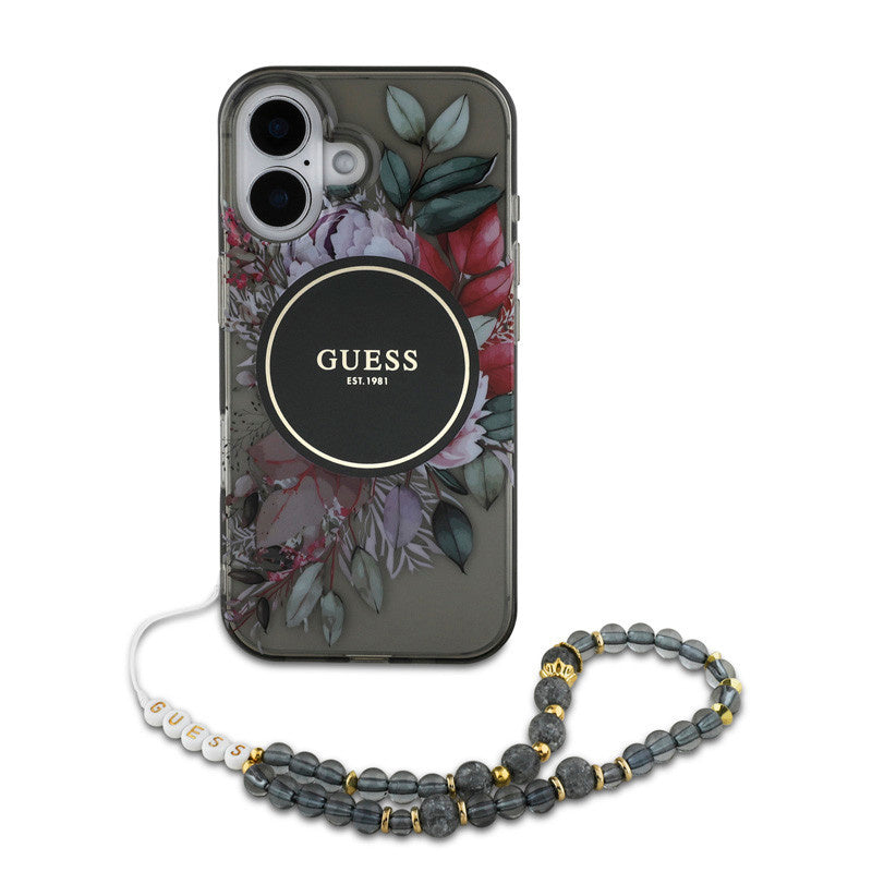 Guess iPhone 16 Backcover hoesje - Magsafe IML Flowers with pearl strap - Zwart-Hoesjes-Ilumina Benelux