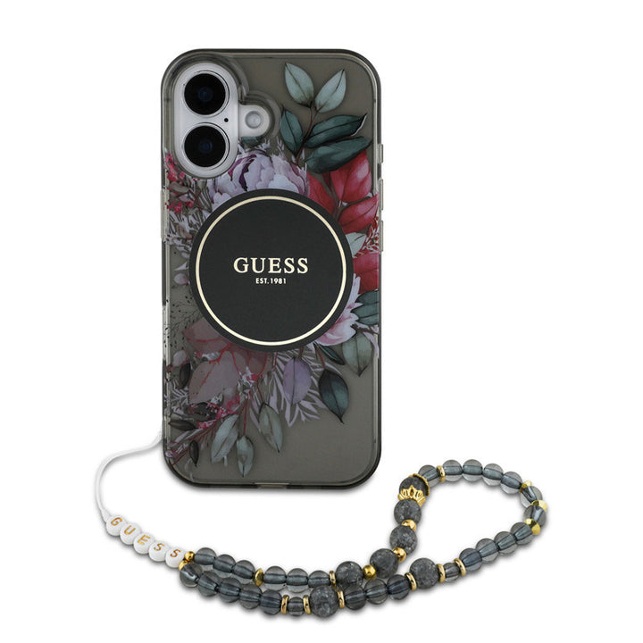 Guess iPhone 16 Backcover hoesje - Magsafe IML Flowers with pearl strap - Zwart-Hoesjes-Ilumina Benelux