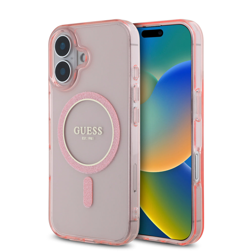 Guess iPhone 16 Backcover hoesje Magsafe IML Glitter - Roze-Hoesjes-Ilumina Benelux