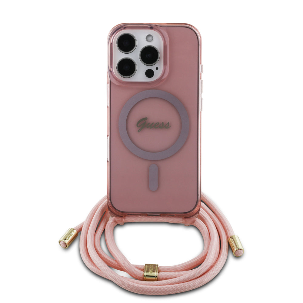 Guess iPhone 16 Backcover hoesje - Magsafe IML crossbody cord script - Roze-Hoesjes-Ilumina Benelux