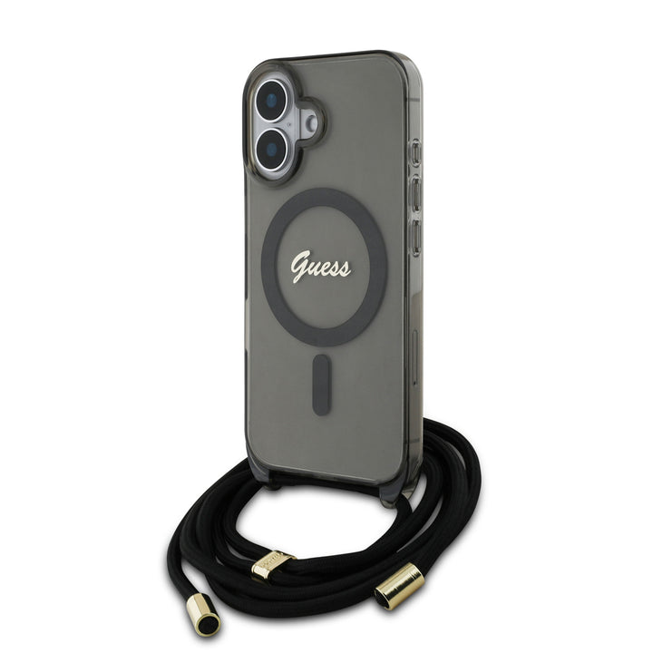 Guess iPhone 16 Backcover hoesje Magsafe IML crossbody cord script - Zwart-Hoesjes-Ilumina Benelux