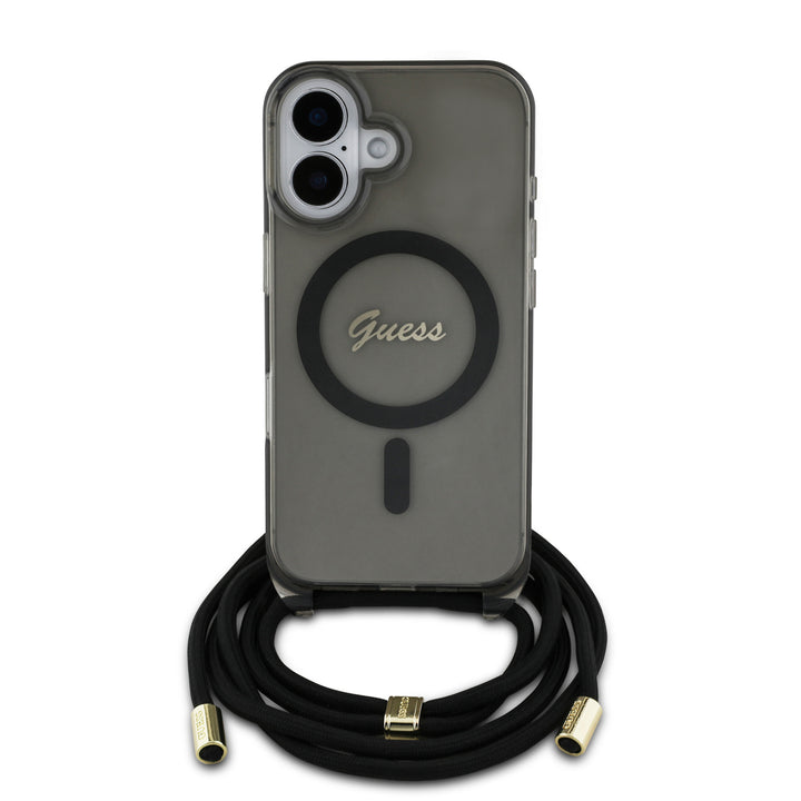 Guess iPhone 16 Backcover hoesje Magsafe IML crossbody cord script - Zwart-Hoesjes-Ilumina Benelux
