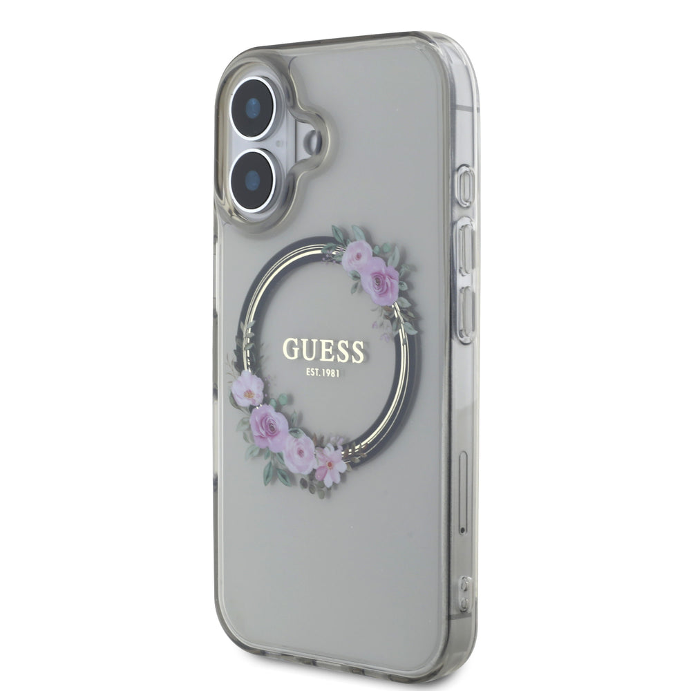Guess iPhone 16 Backcover hoesje Magsafe IML flowers wreath - Zwart-Hoesjes-Ilumina Benelux