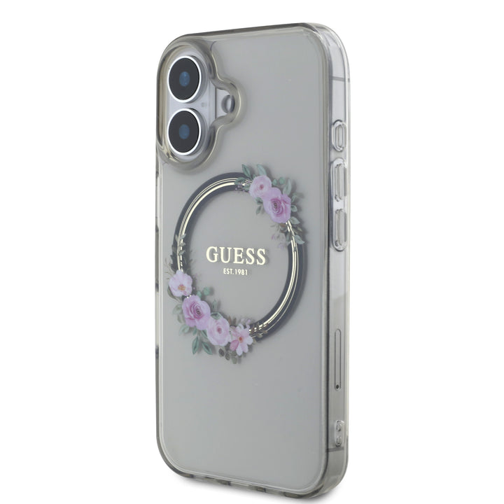 Guess iPhone 16 Backcover hoesje Magsafe IML flowers wreath - Zwart-Hoesjes-Ilumina Benelux