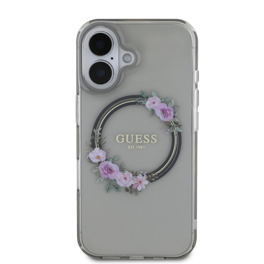 Guess iPhone 16 Backcover hoesje Magsafe IML flowers wreath - Zwart-Hoesjes-Ilumina Benelux