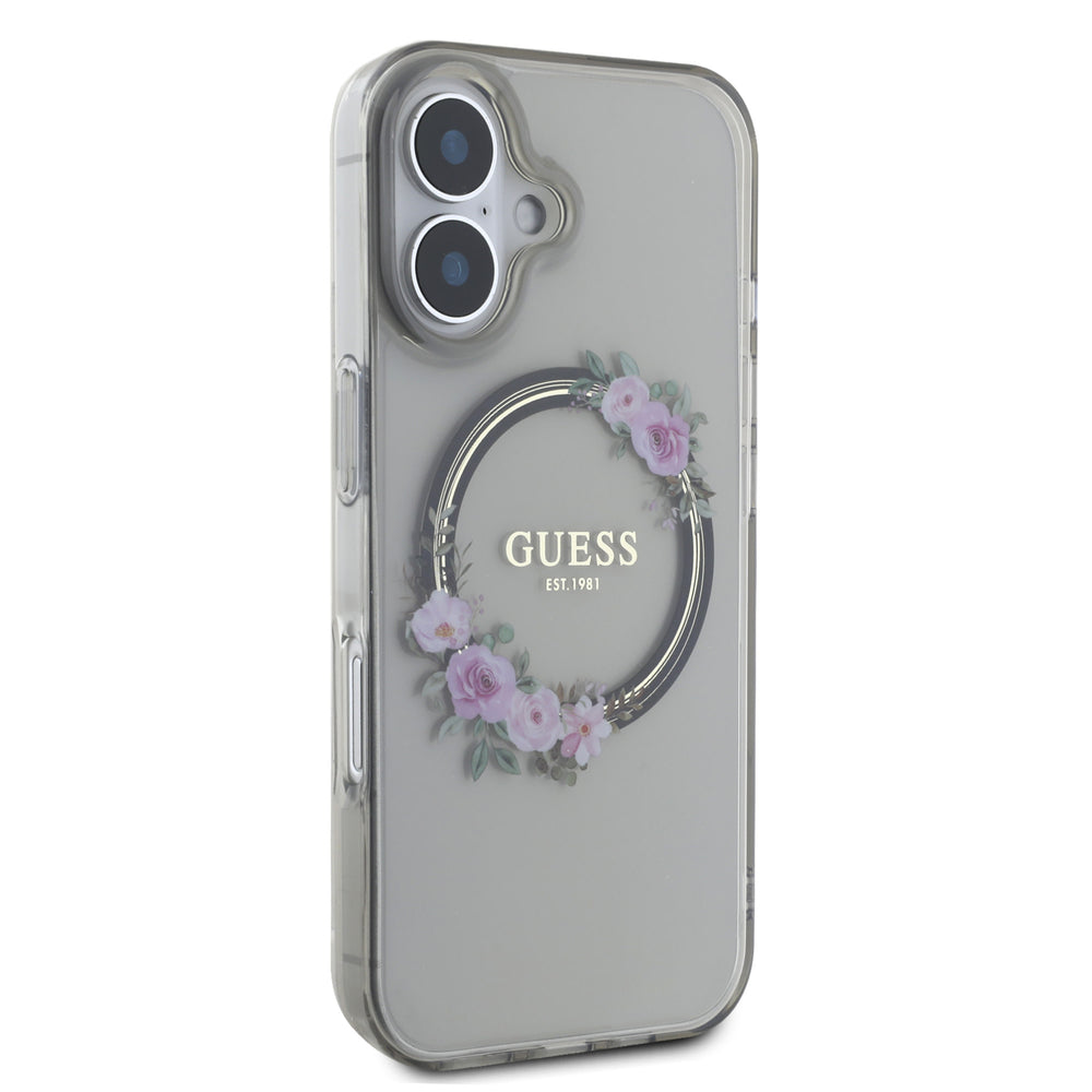 Guess iPhone 16 Backcover hoesje Magsafe IML flowers wreath - Zwart-Hoesjes-Ilumina Benelux