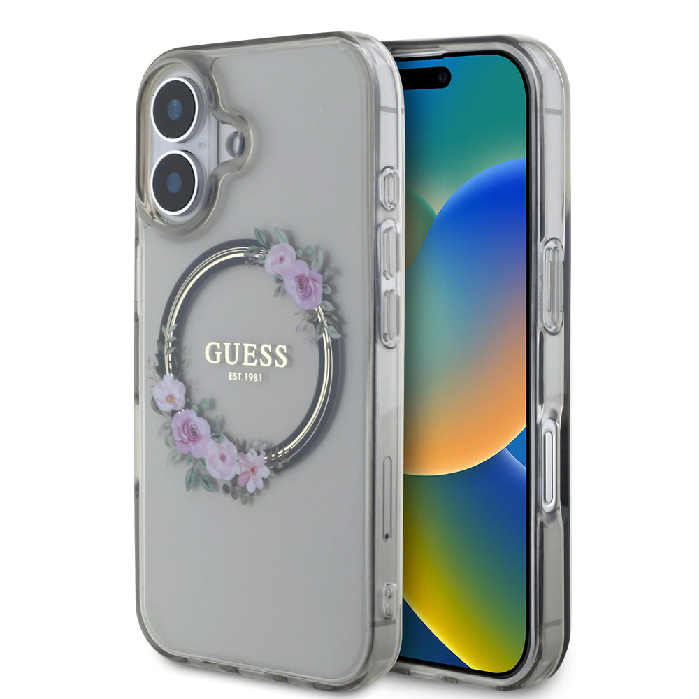 Guess iPhone 16 Backcover hoesje Magsafe IML flowers wreath - Zwart-Hoesjes-Ilumina Benelux