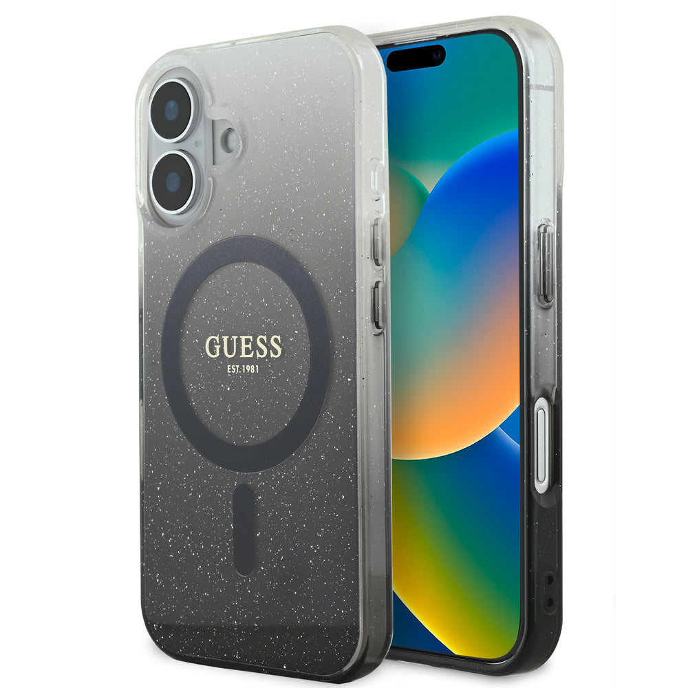 Guess iPhone 16 Backcover hoesje Magsafe IML glitter gradient - Zwart-Hoesjes-Ilumina Benelux