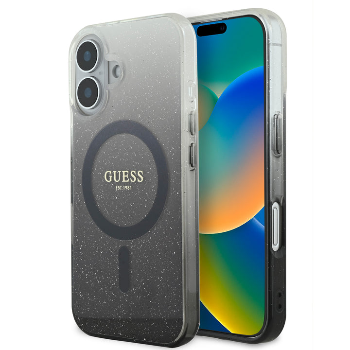 Guess iPhone 16 Backcover hoesje Magsafe IML glitter gradient - Zwart-Hoesjes-Ilumina Benelux