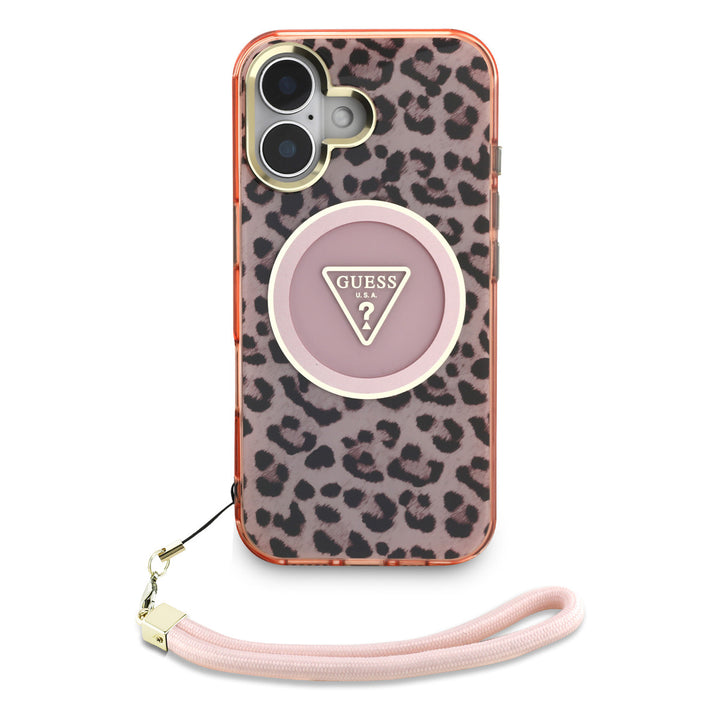 Guess iPhone 16 Backcover hoesje - Magsafe - Leopard print with Nylon strap - Roze-Hoesjes-Ilumina Benelux