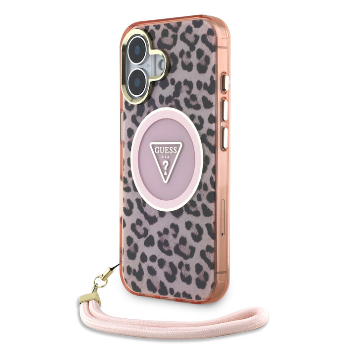 Guess iPhone 16 Backcover hoesje - Magsafe - Leopard print with Nylon strap - Roze-Hoesjes-Ilumina Benelux