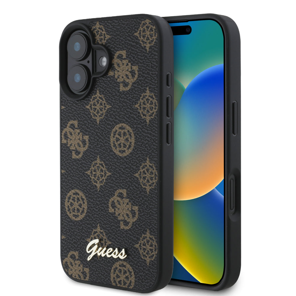 Guess iPhone 16 Backcover hoesje Magsafe PU peony script - Zwart-Hoesjes-Ilumina Benelux