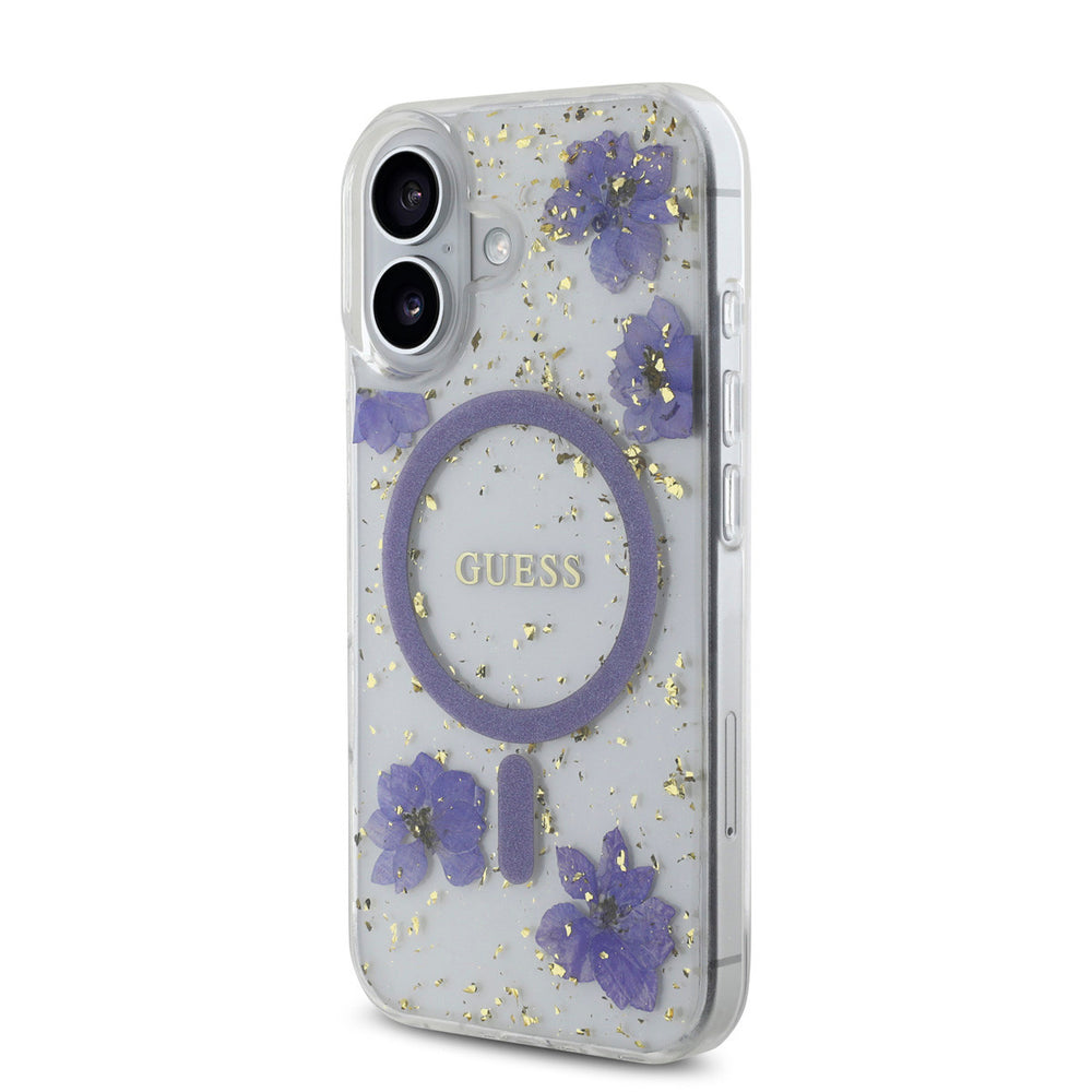 Guess iPhone 16 Backcover hoesje - Magsafe - Resin Flowers Design - Paars-Hoesjes-Ilumina Benelux