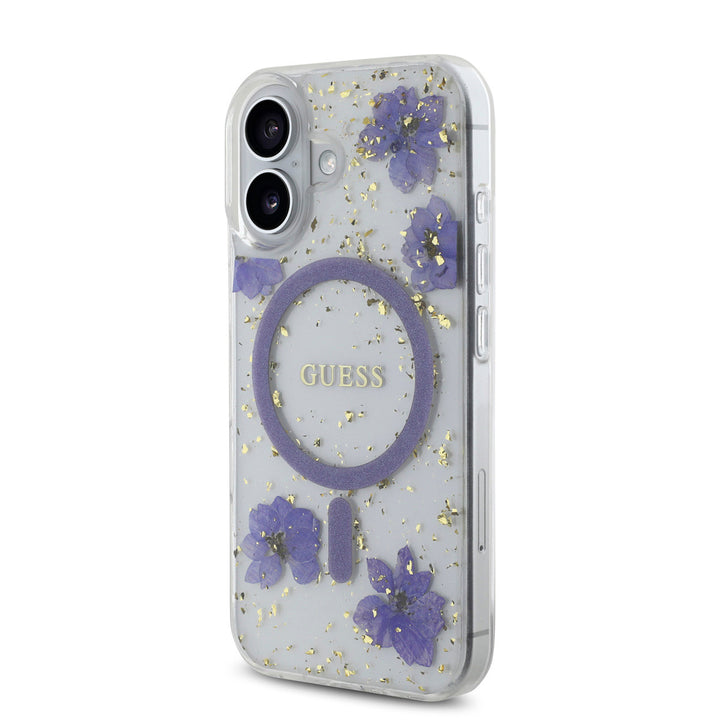 Guess iPhone 16 Backcover hoesje - Magsafe - Resin Flowers Design - Paars-Hoesjes-Ilumina Benelux