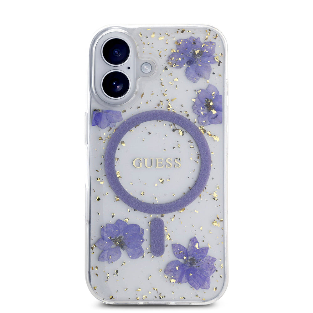 Guess iPhone 16 Backcover hoesje - Magsafe - Resin Flowers Design - Paars-Hoesjes-Ilumina Benelux