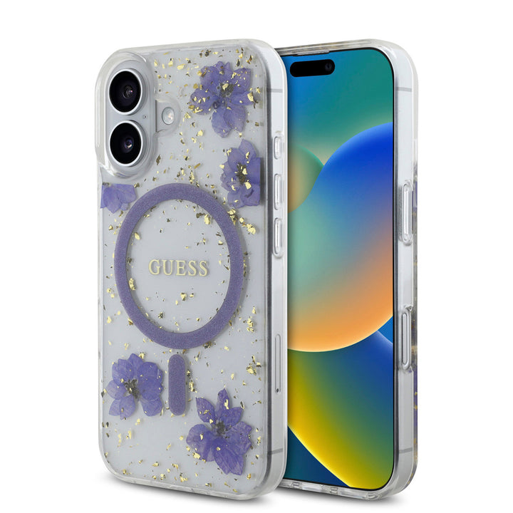 Guess iPhone 16 Backcover hoesje - Magsafe - Resin Flowers Design - Paars-Hoesjes-Ilumina Benelux