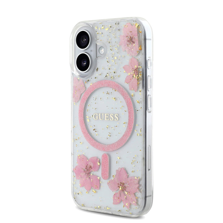 Guess iPhone 16 Backcover hoesje - Magsafe - Resin Flowers Design - Roze-Hoesjes-Ilumina Benelux