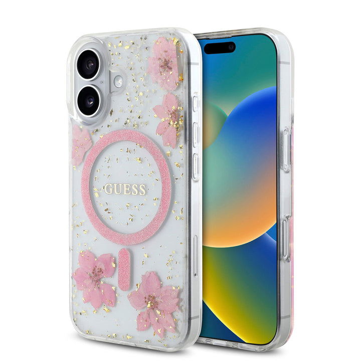 Guess iPhone 16 Backcover hoesje - Magsafe - Resin Flowers Design - Roze-Hoesjes-Ilumina Benelux