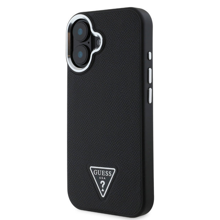 Guess iPhone 16 Backcover hoesje Magsafe grained PU triangle - Zwart-Hoesjes-Ilumina Benelux