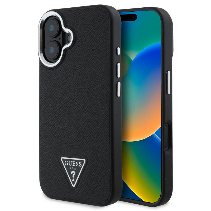 Guess iPhone 16 Backcover hoesje Magsafe grained PU triangle - Zwart-Hoesjes-Ilumina Benelux