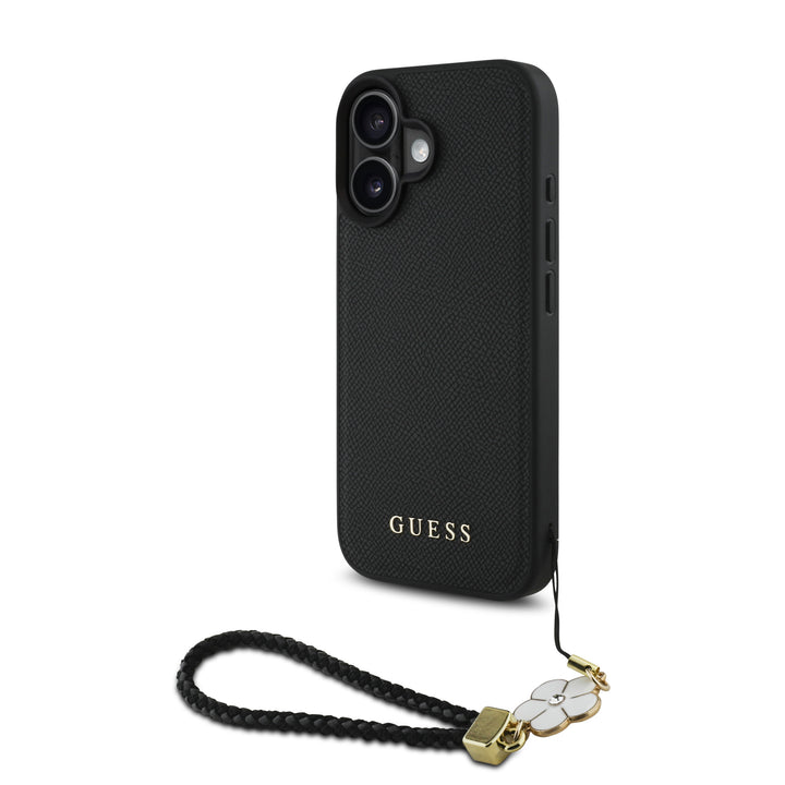 Guess iPhone 16 Backcover hoesje Magsafe grained - flower charm strap - Zwart-Hoesjes-Ilumina Benelux