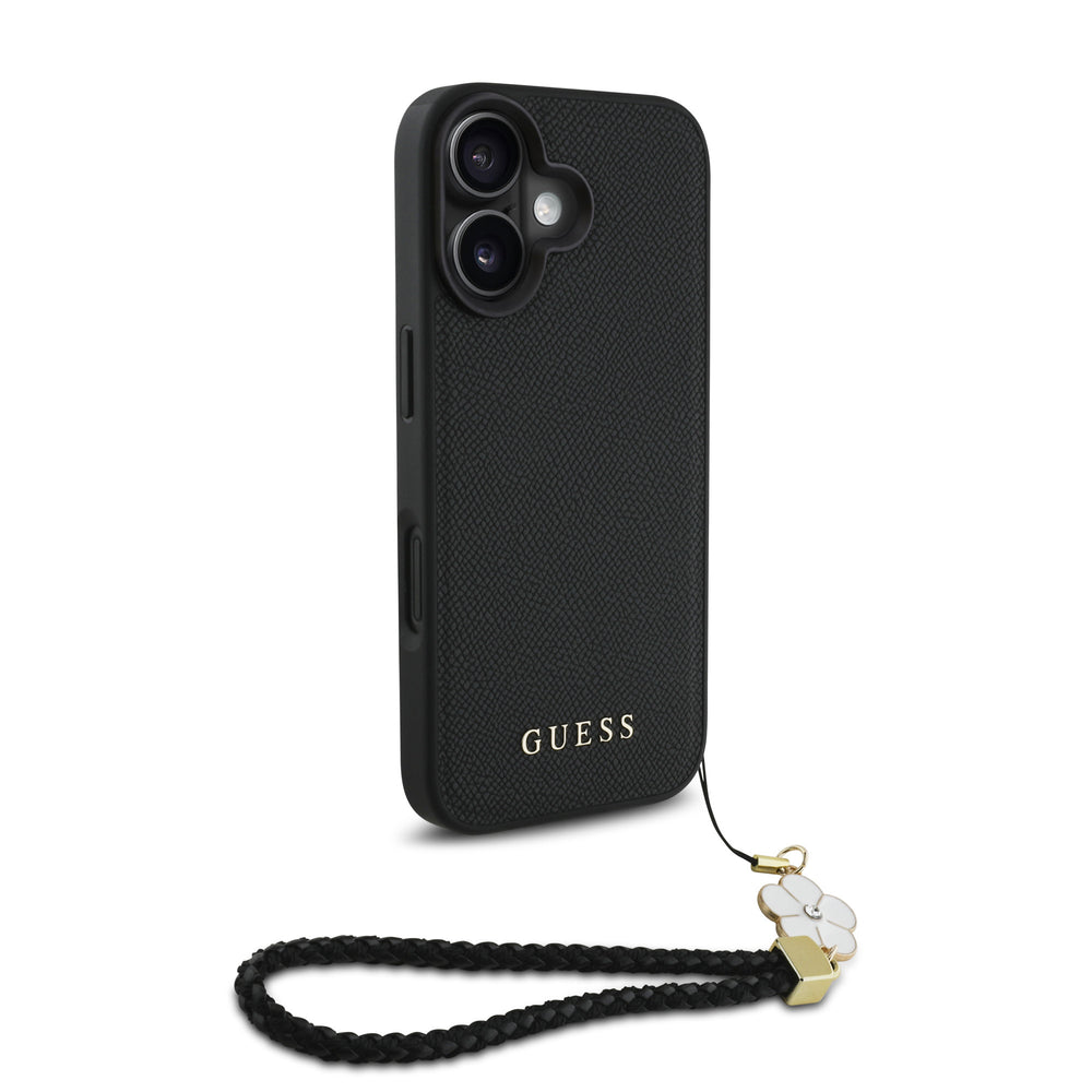 Guess iPhone 16 Backcover hoesje Magsafe grained - flower charm strap - Zwart-Hoesjes-Ilumina Benelux