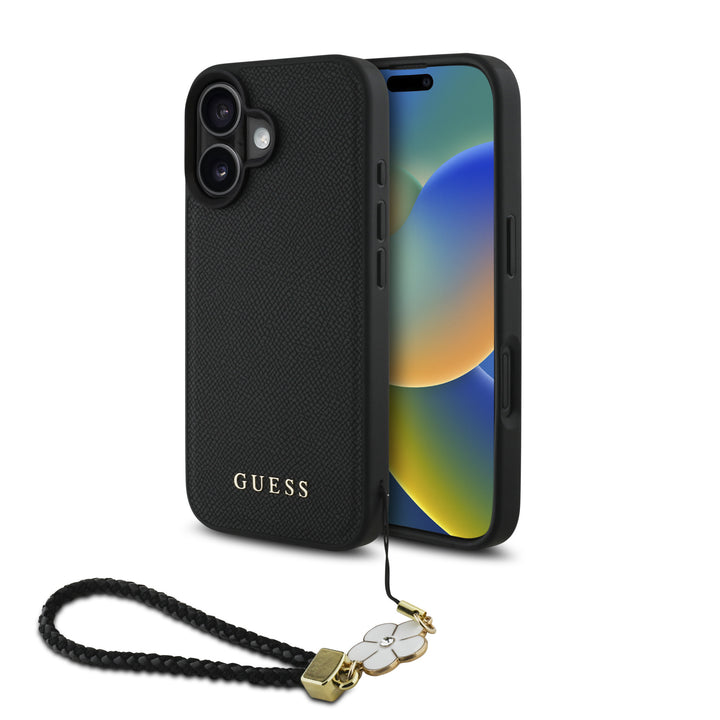 Guess iPhone 16 Backcover hoesje Magsafe grained - flower charm strap - Zwart-Hoesjes-Ilumina Benelux