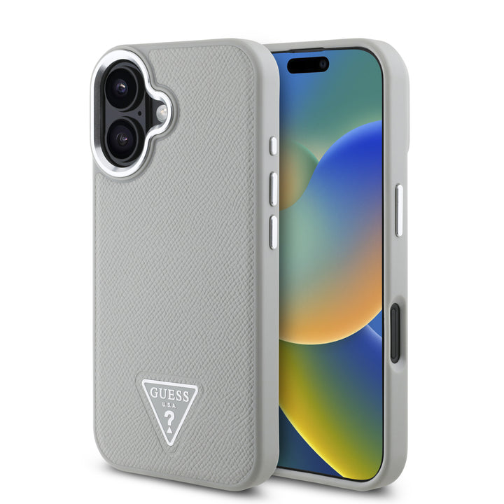 Guess iPhone 16 Backcover hoesje Magsafe grained triangle logo - Beige-Hoesjes-Ilumina Benelux
