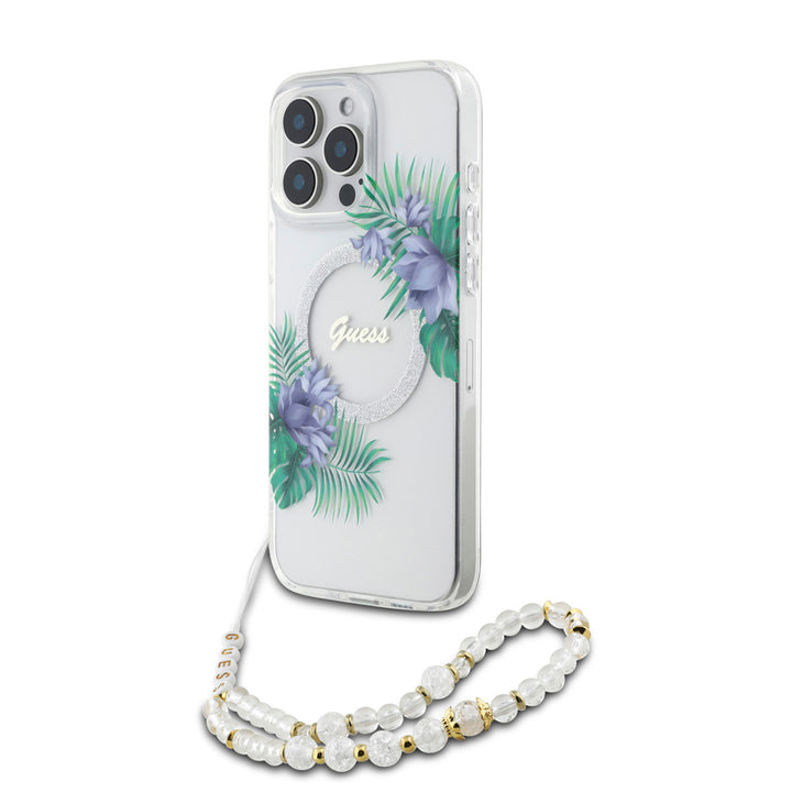 Guess iPhone 16 Pro Back Cover hoesje - Magsafe - Flower Wreath Design & Pearl Strap - Transparant-Hoesjes-Ilumina Benelux