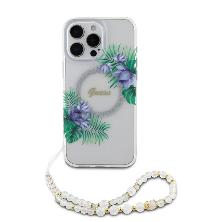 Guess iPhone 16 Pro Back Cover hoesje - Magsafe - Flower Wreath Design & Pearl Strap - Transparant-Hoesjes-Ilumina Benelux